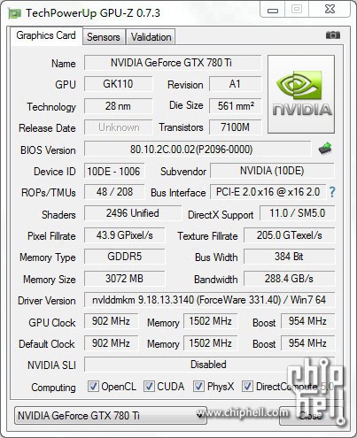 GeForce GTX 780 Ti: CPU-Z-Screen zeigt 2.496 Shadereinheiten