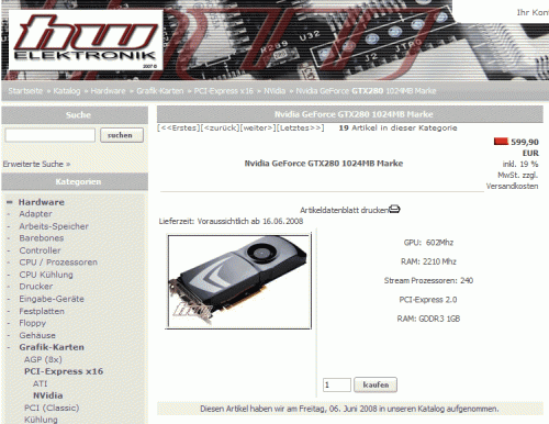 Noch ein Shop listet die GeForce GTX 280