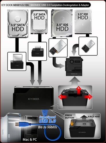 Icy Dock: Dockingstation und HDD-Adapter mit USB 3.0