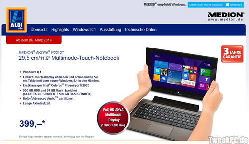 Aldi: Medion Akoya P2212T - 11.6 Zoll Notebook und Tablet für nur 399 Euro