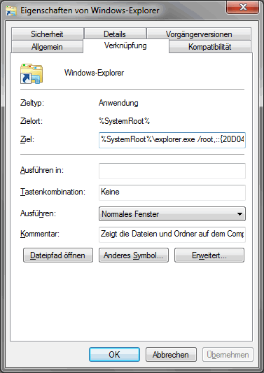 Windows Explorer Standardverzeichnis