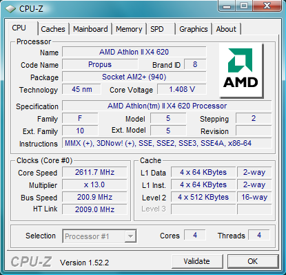 AMD Athlon II X4 620 CPU-Z