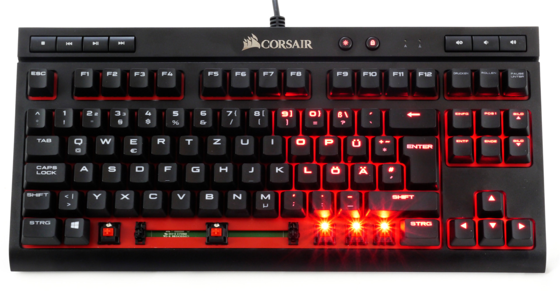 Rot Tastaturen Corsair K63 Tastatur USB Spanisch Schwarz Mini, Verkabelt, USB, Mechanischer Switch, LED, Schwarz, Rot 
