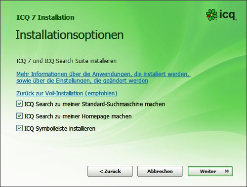ICQ: Beispiel für erweiterte Installationsoptionen